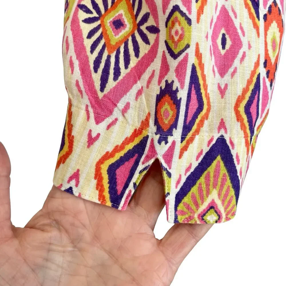 Chico's No Iron 100% Linen Button Down Tunic Sz XL Bright Geometric Print Summer